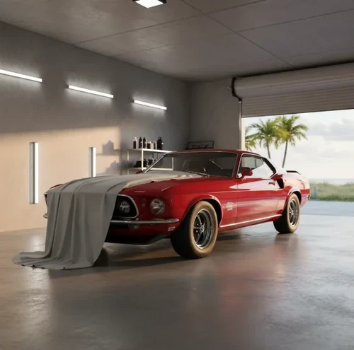 Vinatage red car in garage.